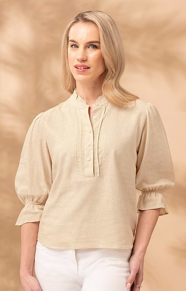 Ladies Frilled Three Quarter Sleeve Linen Shirt
