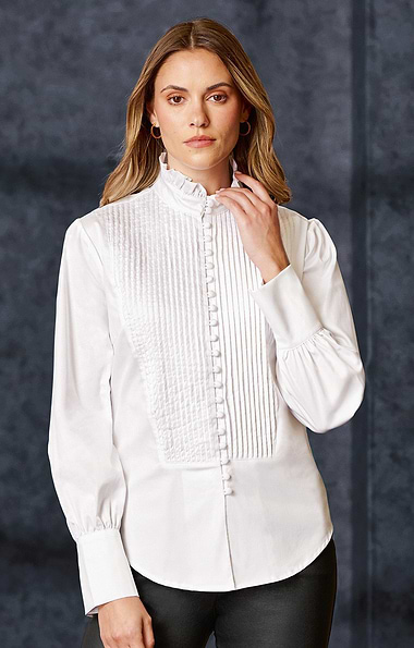 Ladies Stretch Cotton Pintuck Ruffle Blouse