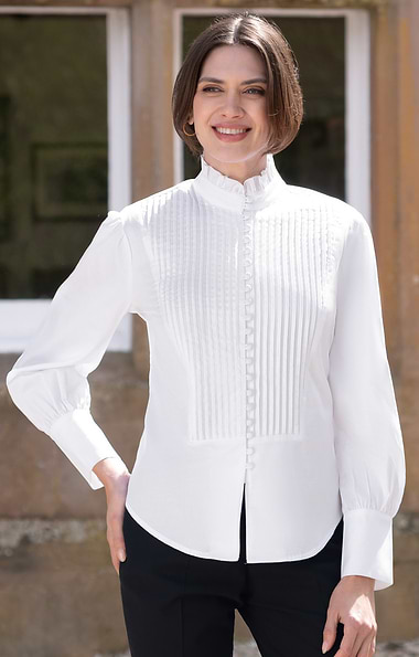 Ladies Stretch Cotton Pintuck Ruffle Blouse