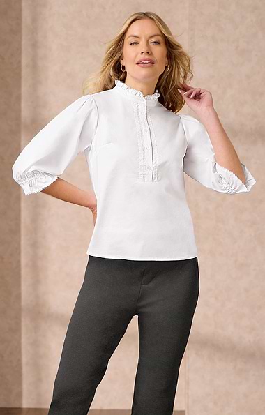 Ladies Three Quarter Sleeve Cotton Ruffle Blouse