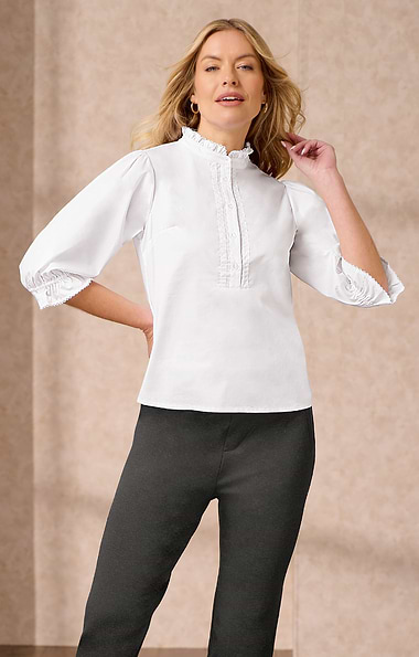 Ladies Three Quarter Sleeve Cotton Ruffle Blouse