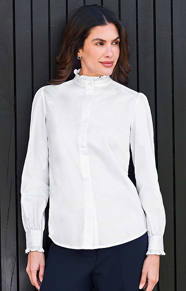 Ladies Stretch Cotton Stand Collar Frill Blouse