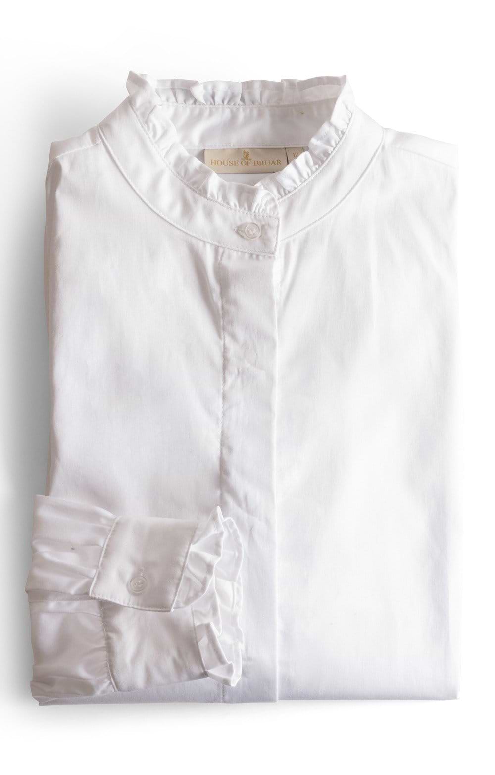 Ladies Cotton Stretch Stand Collar Frill Blouse, White