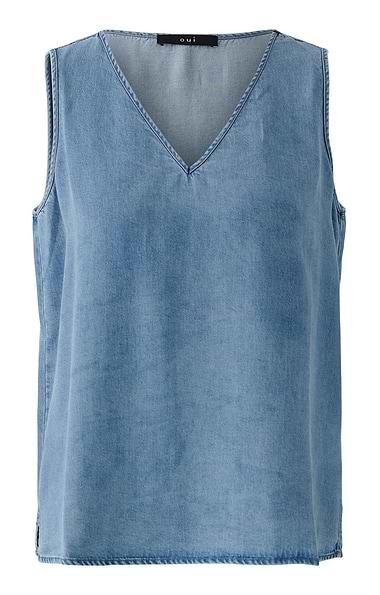 Ladies Oui Denim Short Sleeve V Neck Top