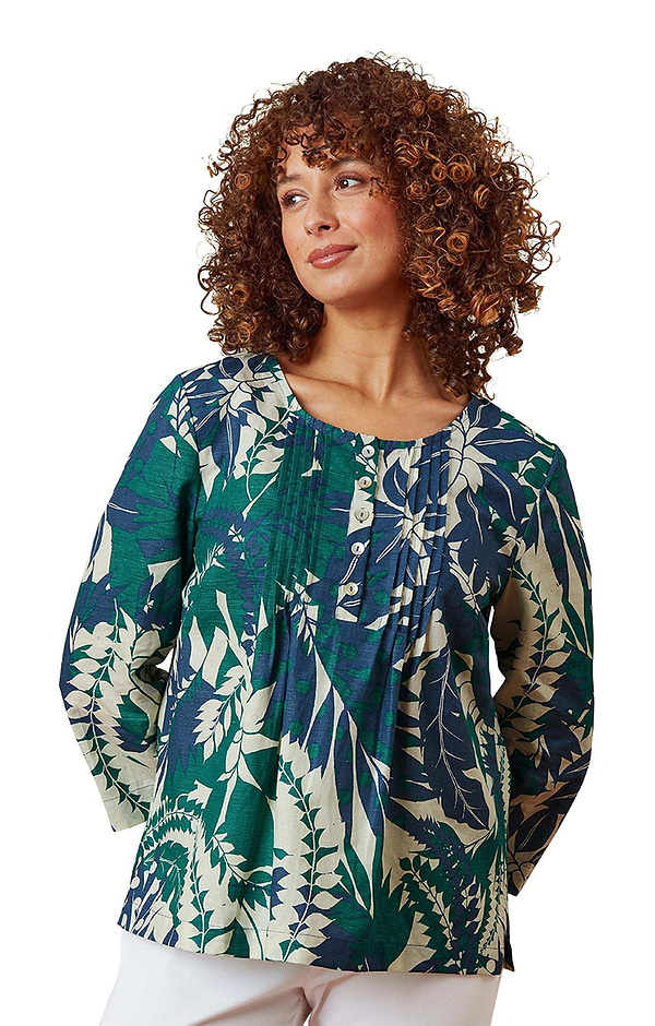 Ladies Adini Cotton Linen Palm Print Incana Top