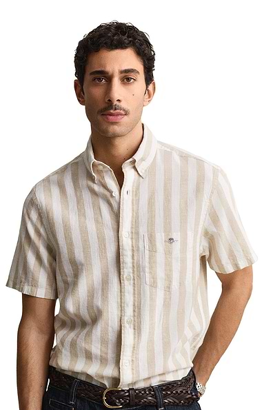 Men's Gant Regular Cotton Linen Striped Short Sleeve Shirt