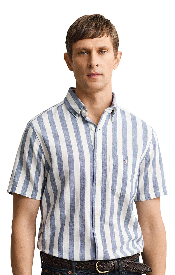 Men's Gant Regular Cotton Linen Striped Short Sleeve Shirt