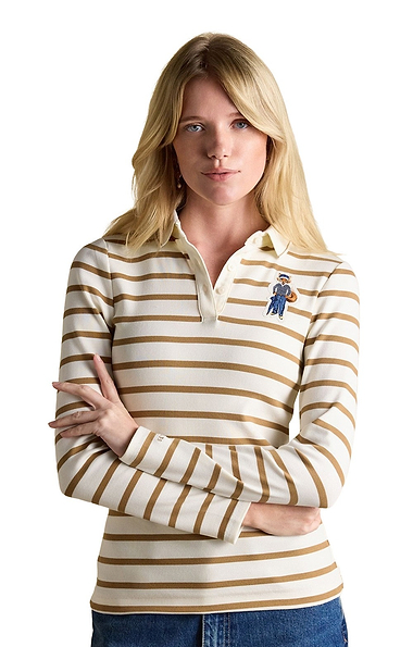 Ladies Joules Fairfield Ribbed Long Sleeve Striped Polo Shirt