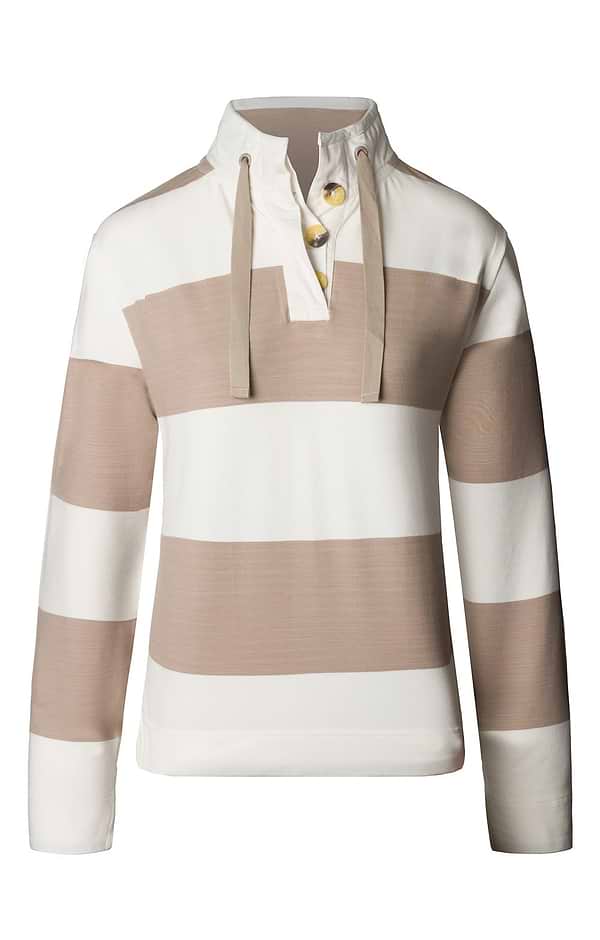Ladies Stretch Cotton Button Neck Stripe Sweatshirt