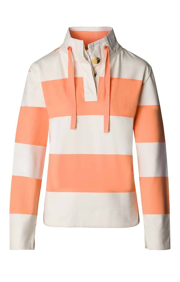 Ladies Stretch Cotton Button Neck Stripe Sweatshirt