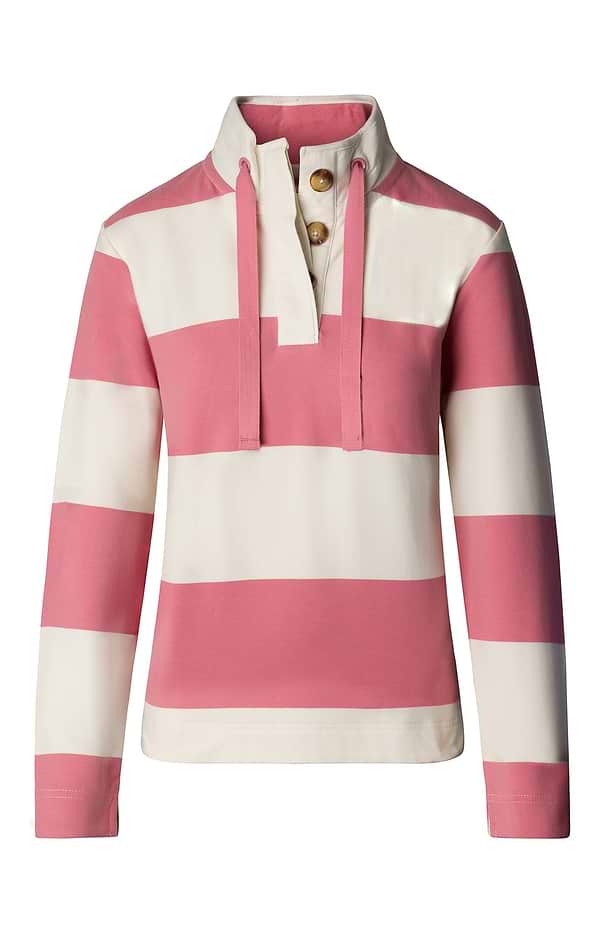 Ladies Stretch Cotton Button Neck Stripe Sweatshirt