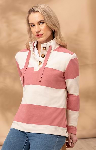 Ladies Stretch Cotton Button Neck Stripe Sweatshirt