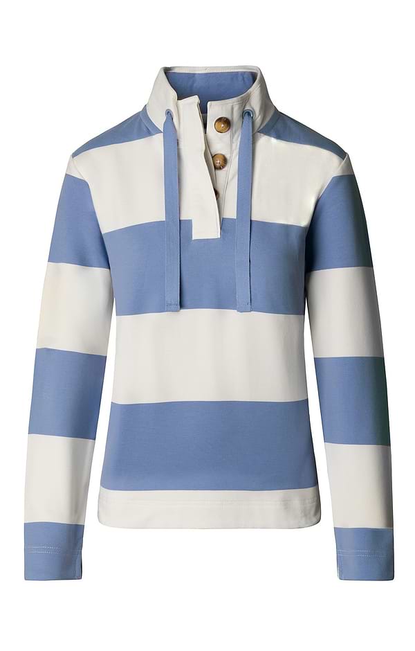 Ladies Stretch Cotton Button Neck Stripe Sweatshirt