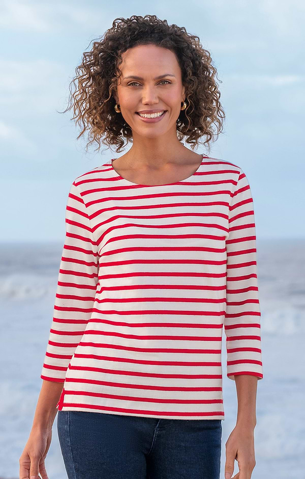 Ladies Cotton Striped Boat Neck Top
