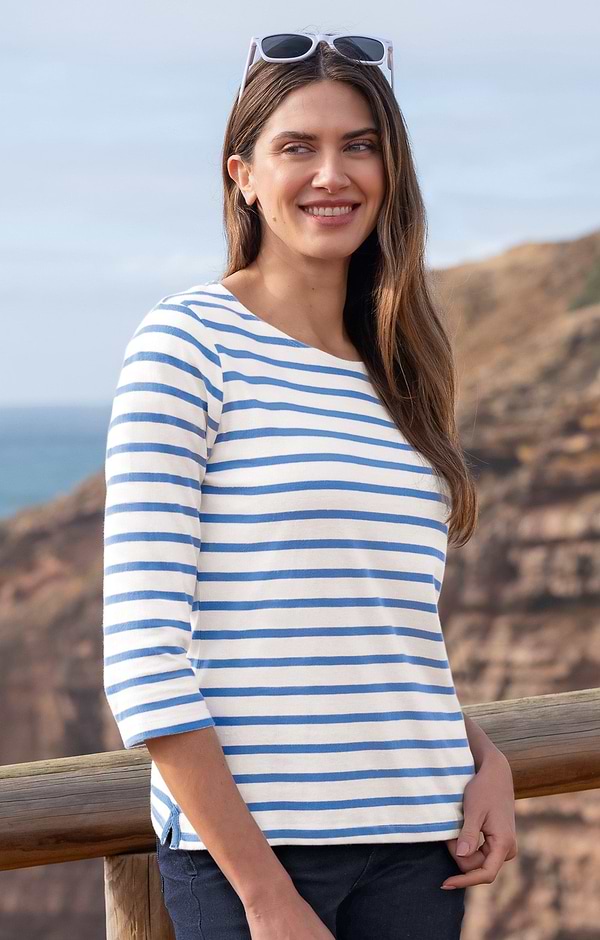 Ladies Cotton Striped Boat Neck Top