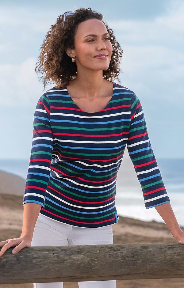 Ladies Cotton Striped Boat Neck Top