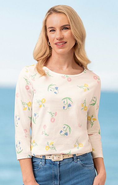 Ladies Cotton Flower Print Boat Neck Top