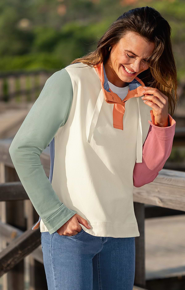 Ladies Stretch Cotton Button Neck Colour Block Sweatshirt