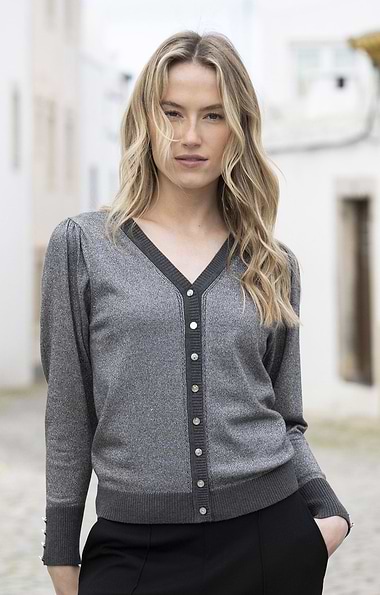 Ladies Marble V Neck Reversible Metallic Cardigan