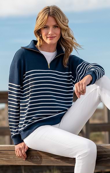 Ladies House of Bruar Breton Knit Quarter Zip Sweater