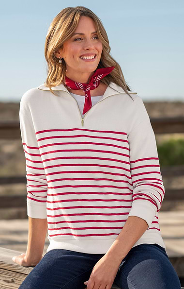 Ladies House of Bruar Breton Knit Quarter Zip Sweater