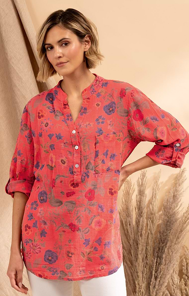 Ladies Floaty Cotton Notch Neck Print Blouse