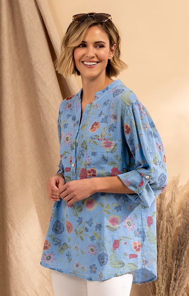Ladies Floaty Cotton Notch Neck Print Blouse