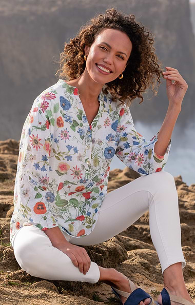 Ladies Floaty Cotton Notch Neck Print Blouse