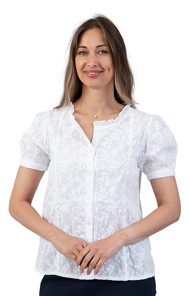 Ladies Embroidered Frill Neck Short Sleeve Blouse