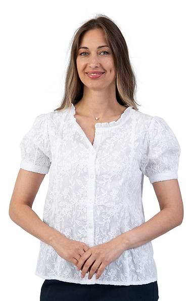 Ladies Embroidered Frill Neck Short Sleeve Blouse