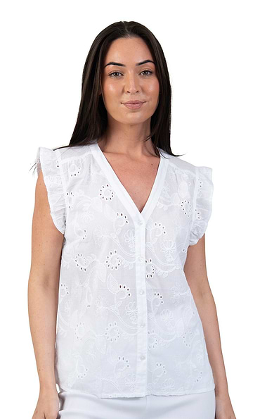 Ladies Short Sleeve Embroidered V Neck Blouse