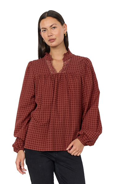 Ladies Lace Trim Check Blouse