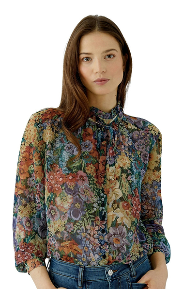 Ladies Oui Floral Frill Neck Blouse
