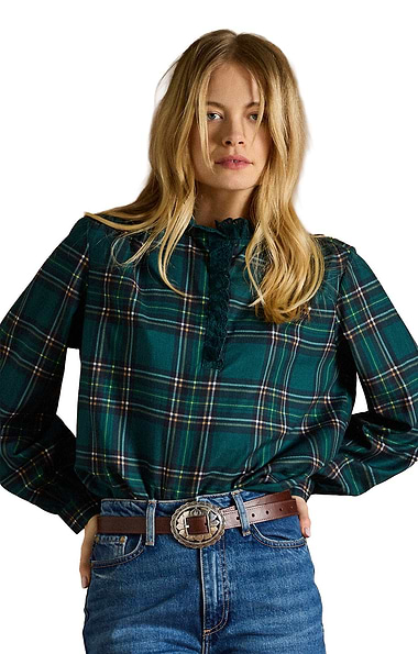 Ladies Joules Melanie Check Frill Blouse