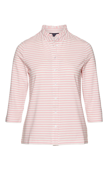 Ladies Cotton Stretch Stripe Frill Neck Shirt