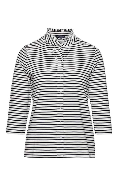 Ladies Cotton Stretch Stripe Frill Neck Shirt
