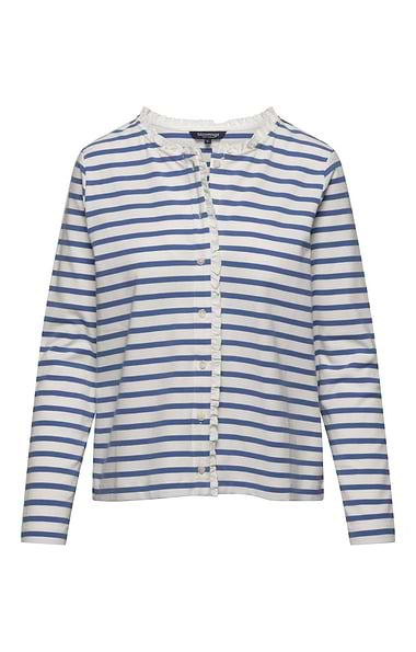 Ladies Cotton Stretch Stripe Frill Trim Cardigan
