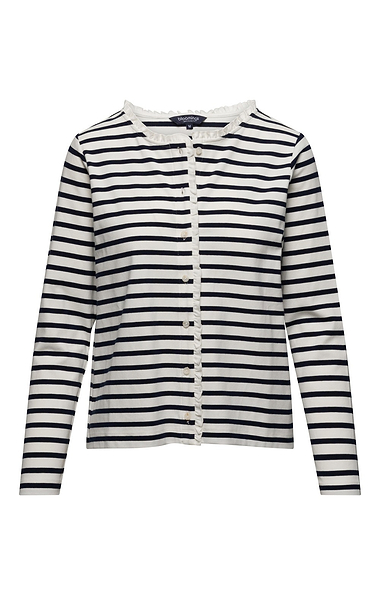 Ladies Cotton Stretch Stripe Frill Trim Cardigan