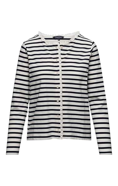 Ladies Cotton Stretch Stripe Frill Trim Cardigan