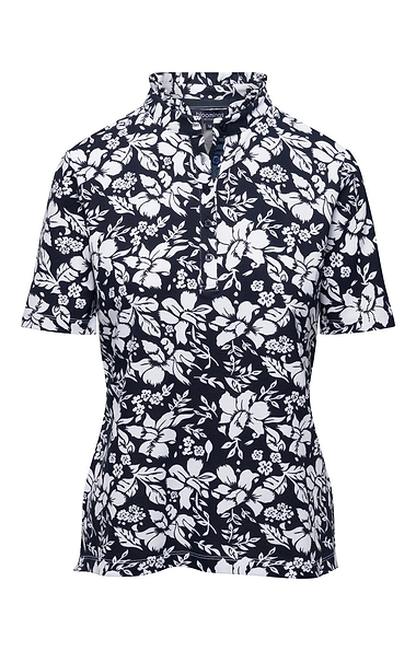Ladies Cotton Stretch Floral Frill Neck Polo Shirt