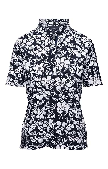 Ladies Cotton Stretch Floral Frill Neck Polo Shirt