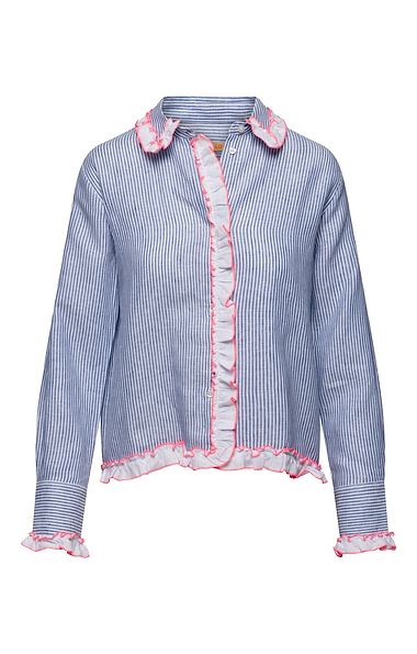 Ladies Vilagallo Linen Frill Trim Stripe Blouse