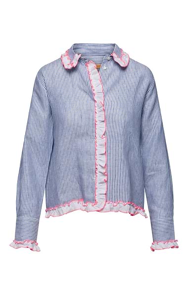 Ladies Vilagallo Linen Frill Trim Stripe Blouse