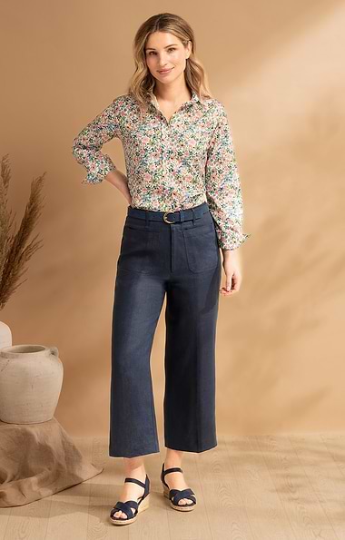 Ladies Linen Wide Leg Cropped Trousers
