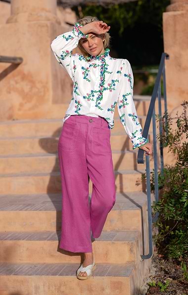 Ladies Linen Wide Leg Cropped Trousers