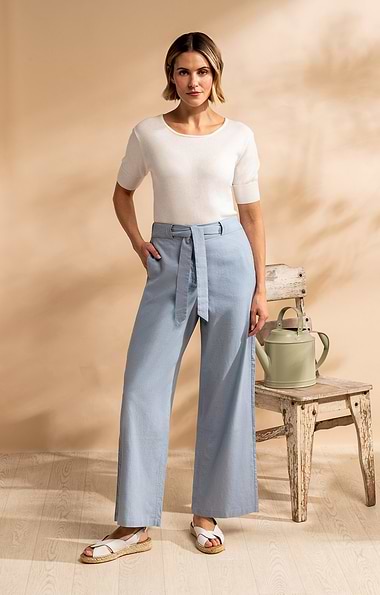 Ladies Linen Blend Wide Leg Trousers