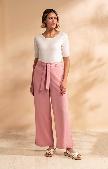 Ladies Linen Blend Wide Leg Trousers
