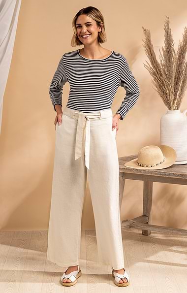Ladies Linen Blend Wide Leg Trousers