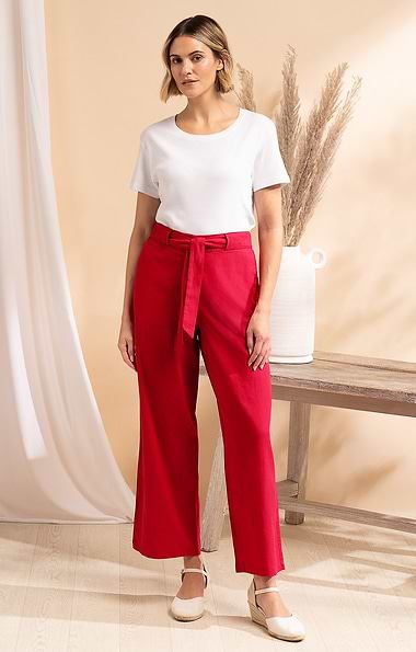 Ladies Linen Blend Wide Leg Trousers