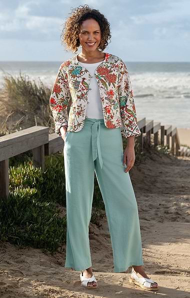 Ladies Linen Blend Wide Leg Trousers